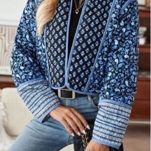 Boho Quilted Cropped Jacket Blue Paisley Floral | Cottagecore | Size M